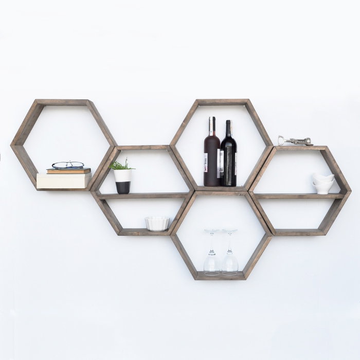 Hanah Home Hex003 Estantería de pared de madera de abeto, Nogal, 5 piezas Hanah Home Hex003 Estantería de pared de madera de abeto, Nogal, 5 piezas